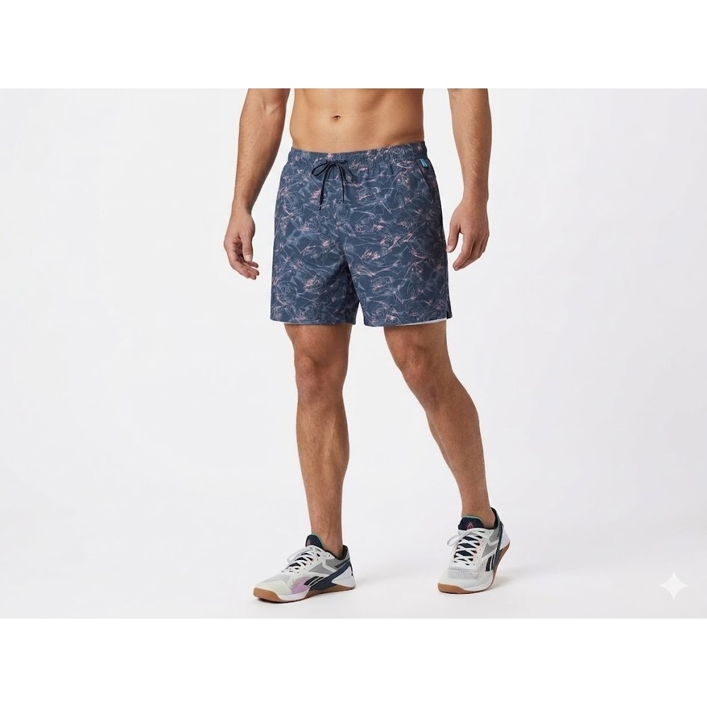 Columbia PFG Fishing Shorts Men's 2XL Blue Printed Pull On Drawstring Flat Front